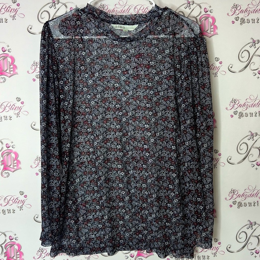 Cleo Floral Sheer Long Sleeve Top Flowers Black Red White Mesh